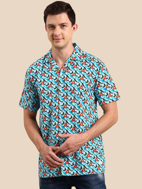 Blue Printed Short Sleeves Shirt